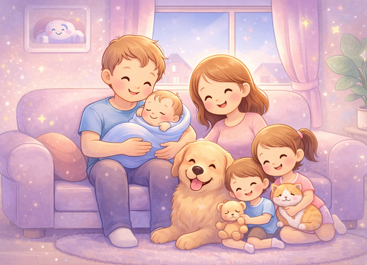 Familia en casa con sus mascotas